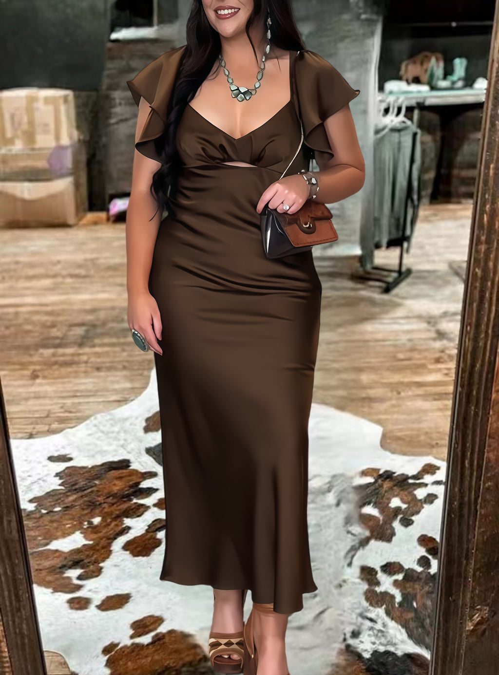 Western-Inspired Ruffle Sleeve Satin Midi Dress