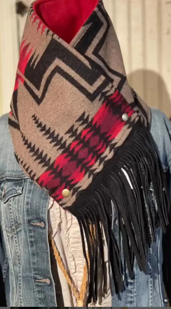 Women's Western Fringed Shawl - Black/Red Aztec Pattern