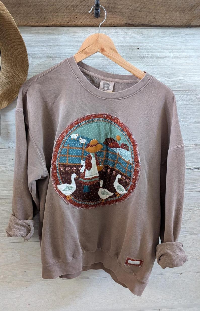 Farm GIRL & Geese Vintage Print  Crewneck