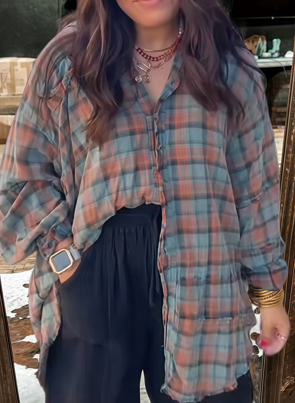 Women's Plaid Button Down Top