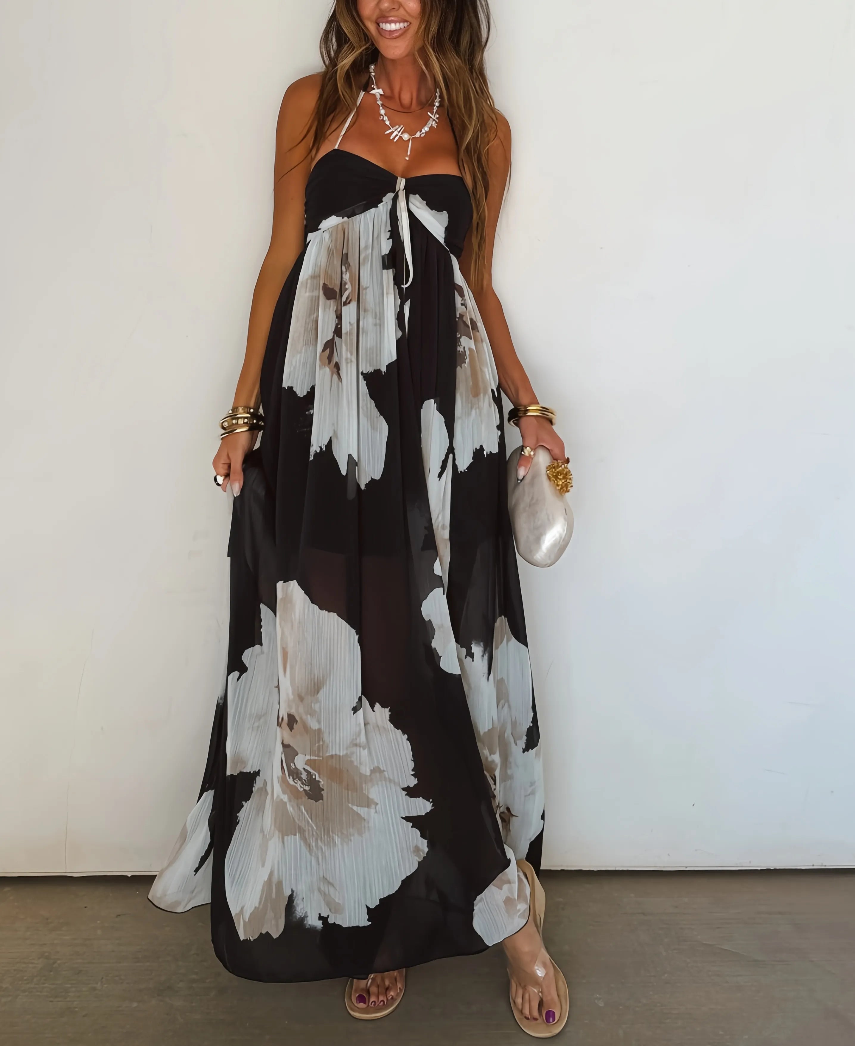 Midnight Bloom Halter Maxi Dress