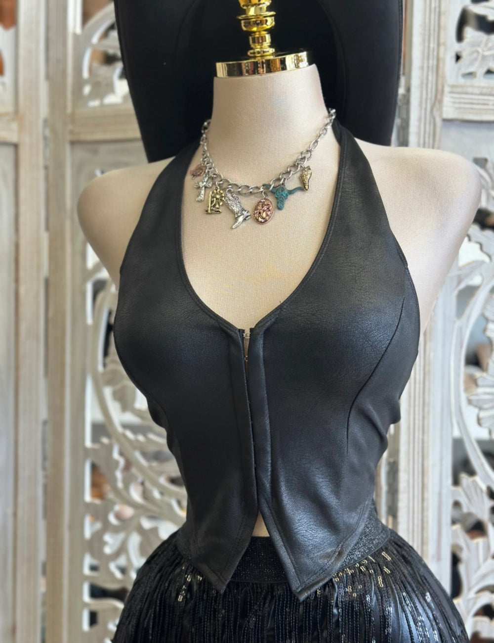Black Faux Leather Open Back Top