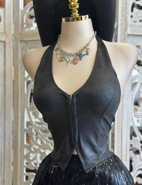 Black Faux Leather Open Back Top