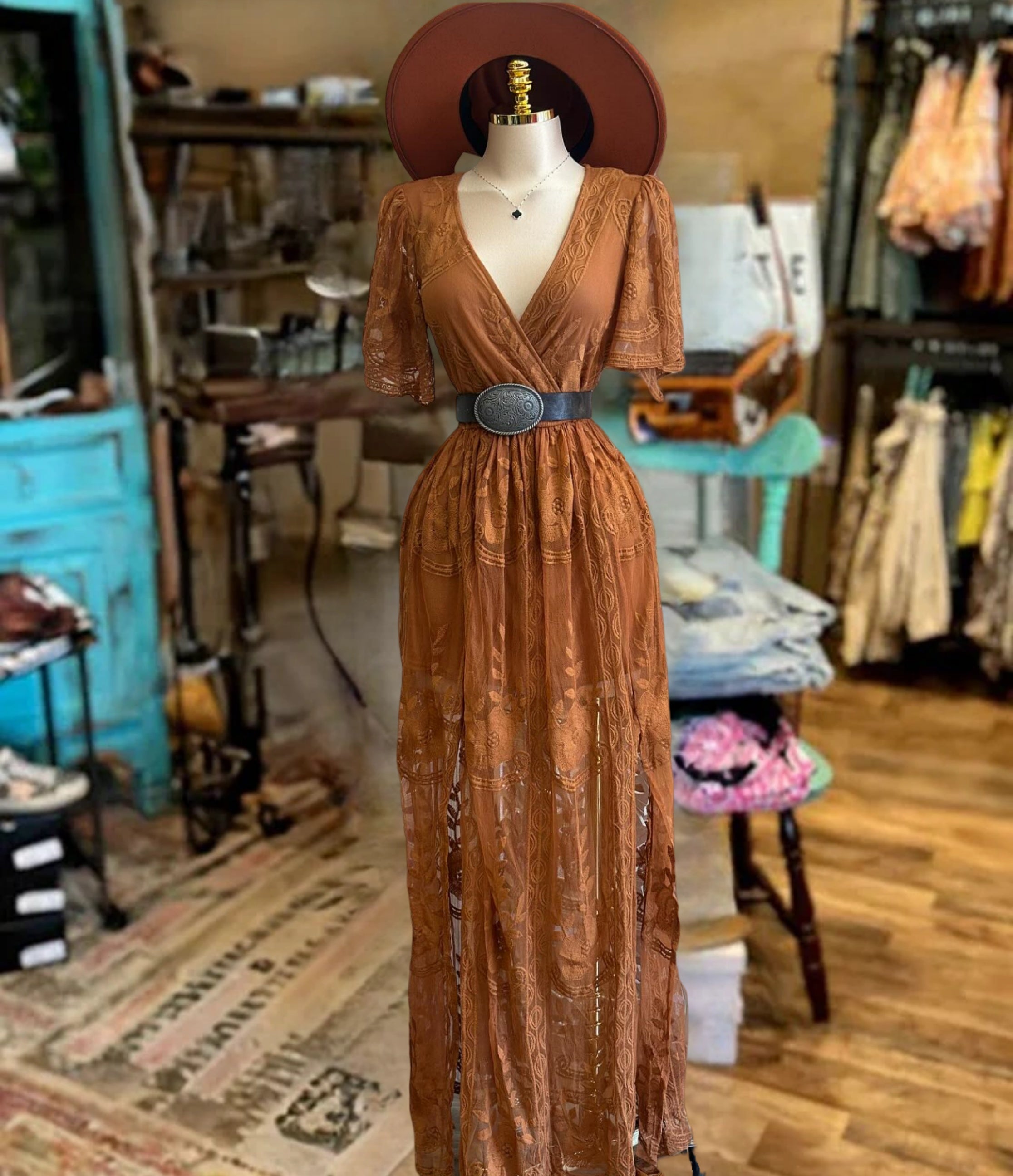 Brown Sheer Embroidered Maxi Dress