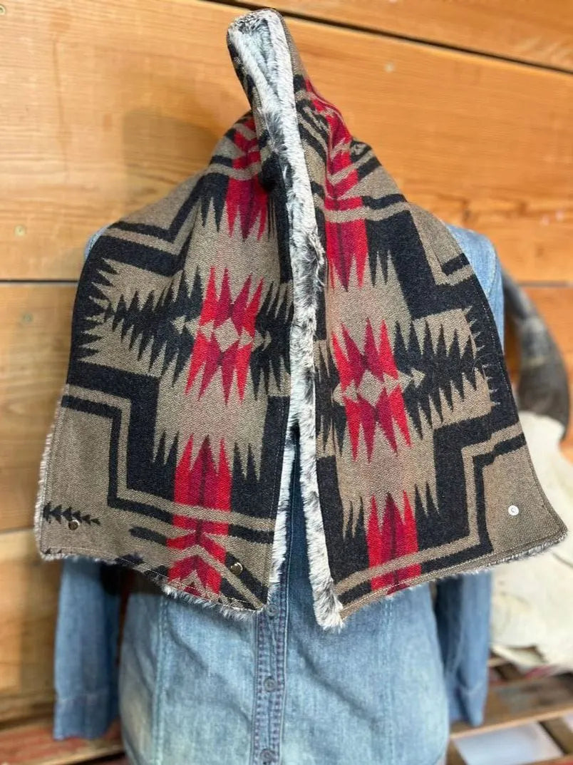 Western Khaki Gray Aztec Sherpa Warm Neck Hood