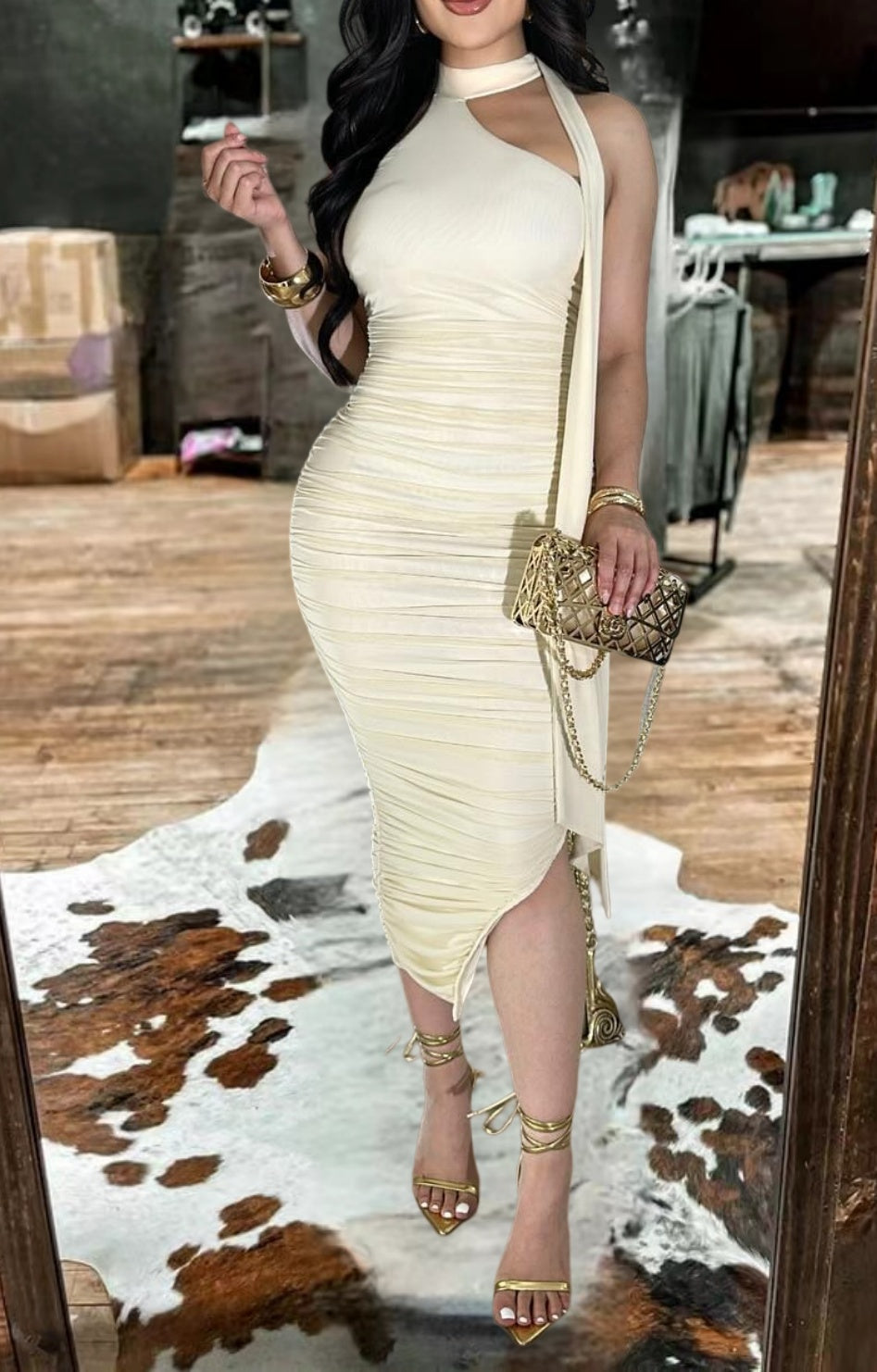 Sculpted Elegance Ruched Midi Dress