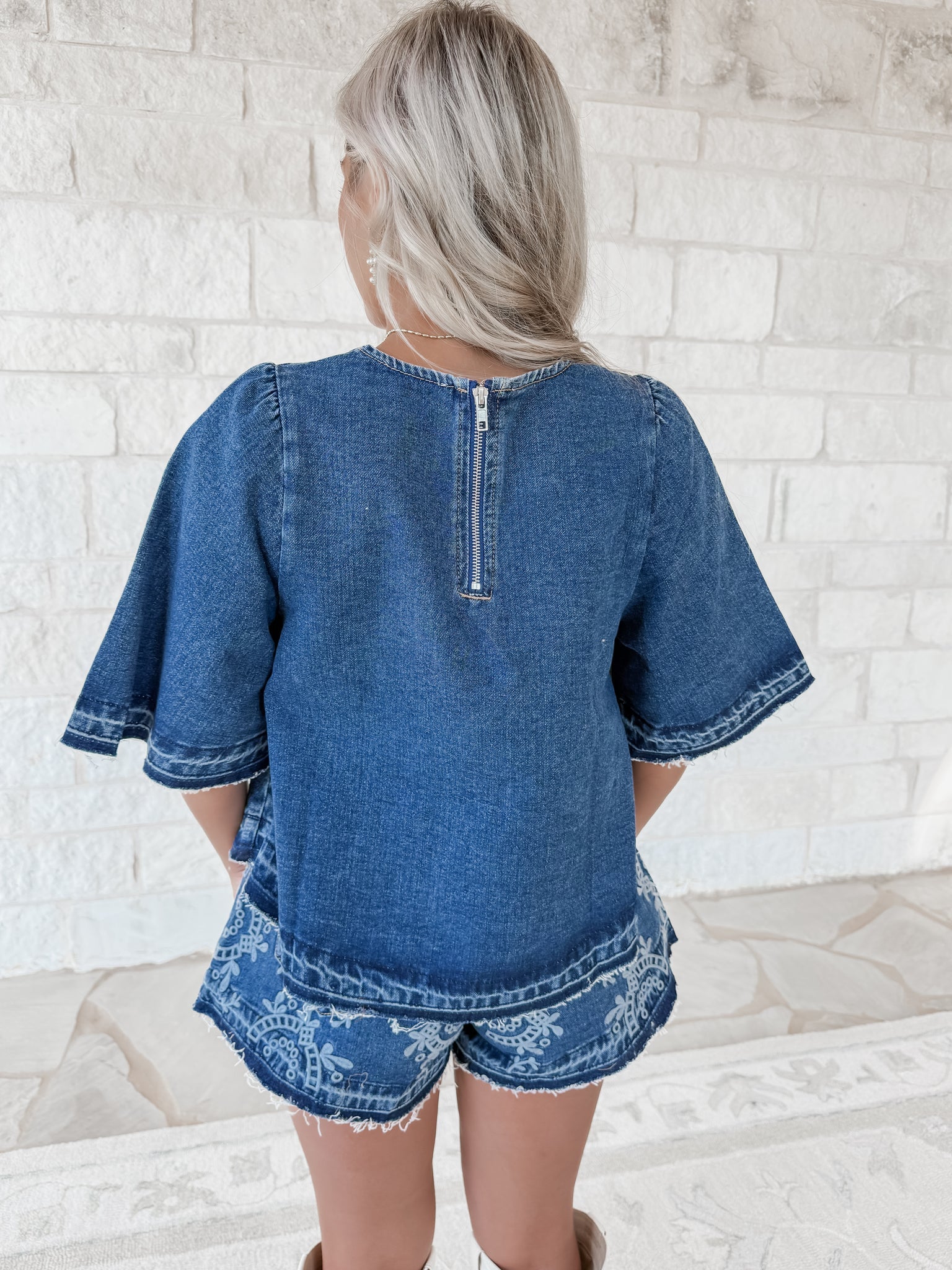 Made The Right Call Denim Embroidered Top + Short Set