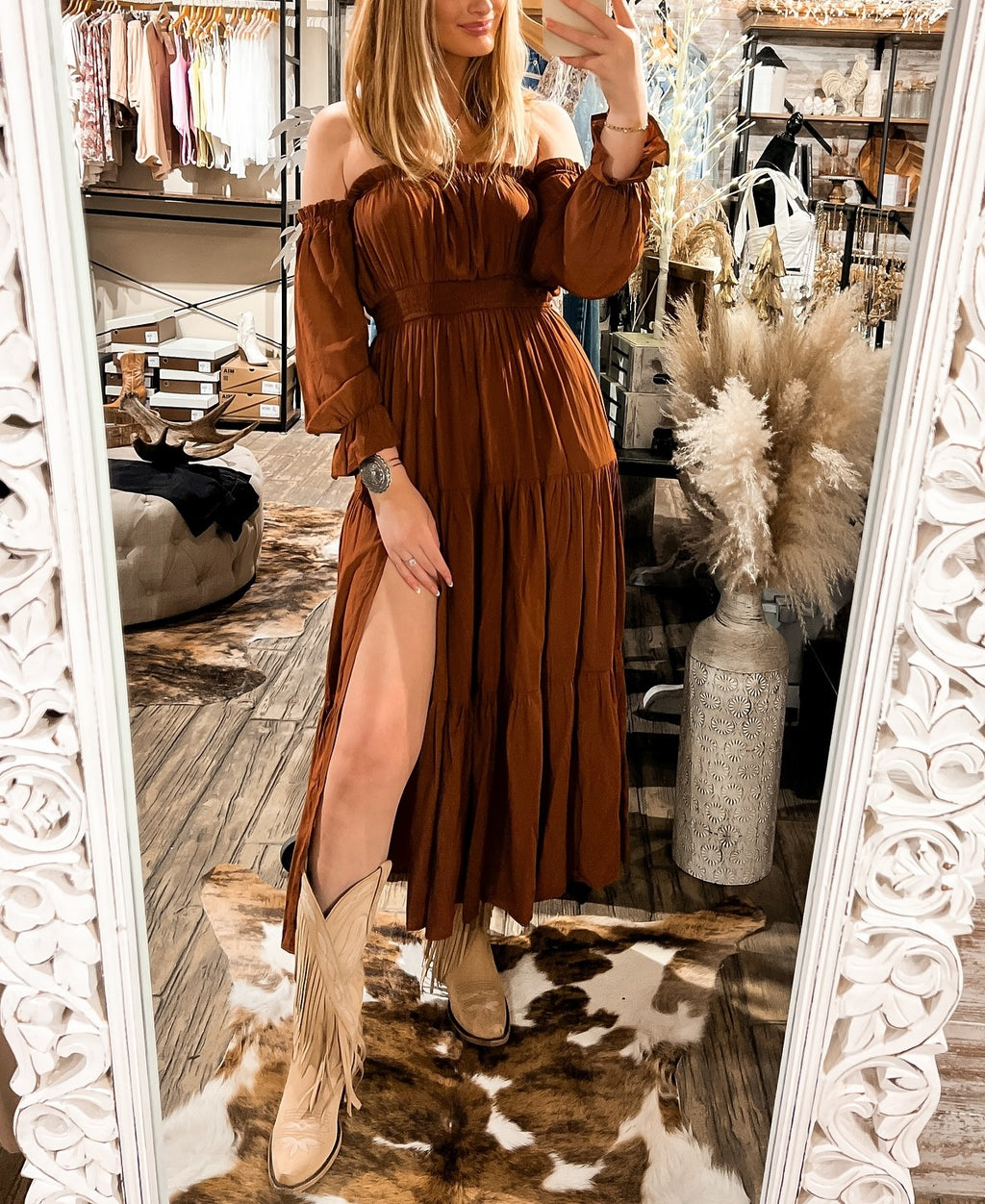 Ruffled Sleeves High Slit Off-the-shoulder Dress-Brown