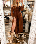 Ruffled Sleeves High Slit Off-the-shoulder Dress-Brown