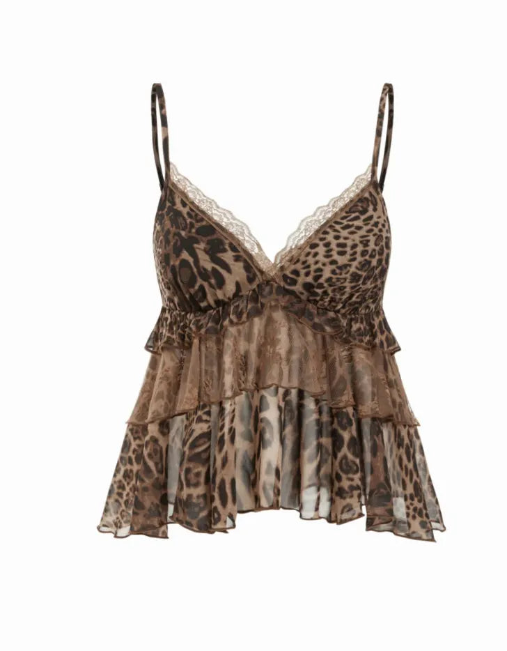 Chiffon Leopard V-neck Lace Trim Cami Top