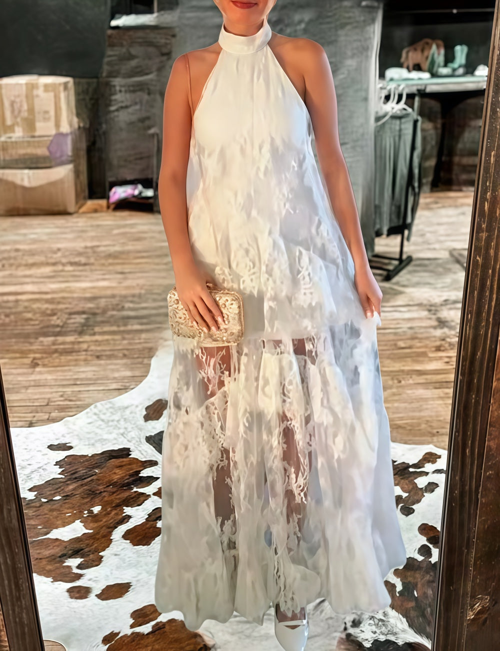 Lace Halter Ruffle Peekaboo Maxi Dress