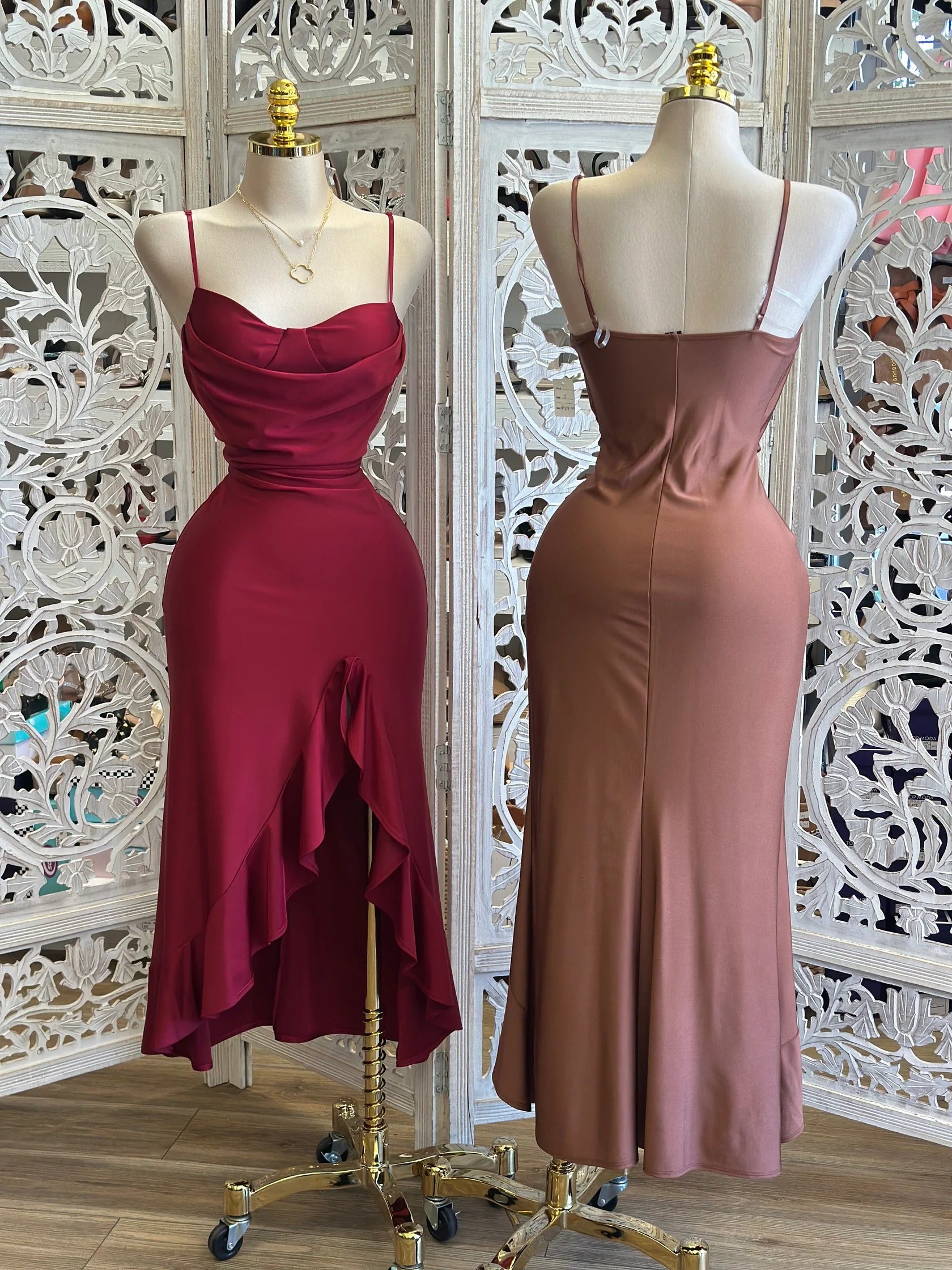 Ruffle Slit Cami Midi Dress -Pink & Brown &Burgundy