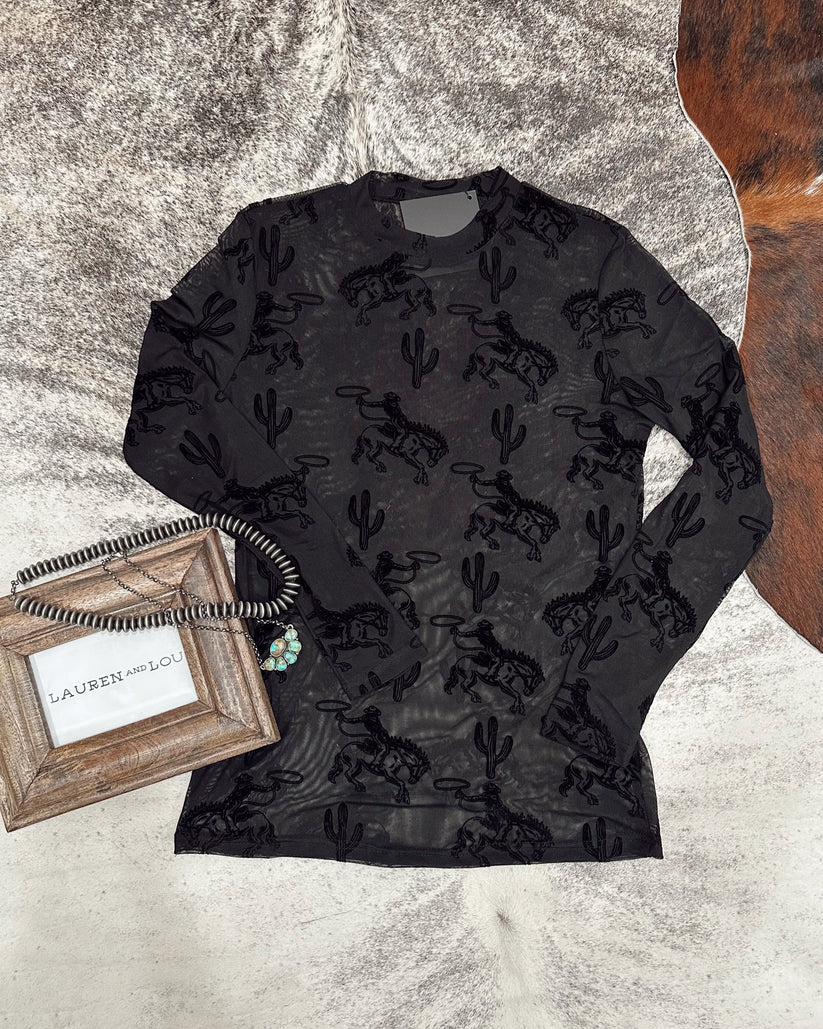 Vintage Western Print Mesh Top