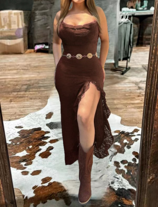 Pretty Lace Ruffled Slit Dress