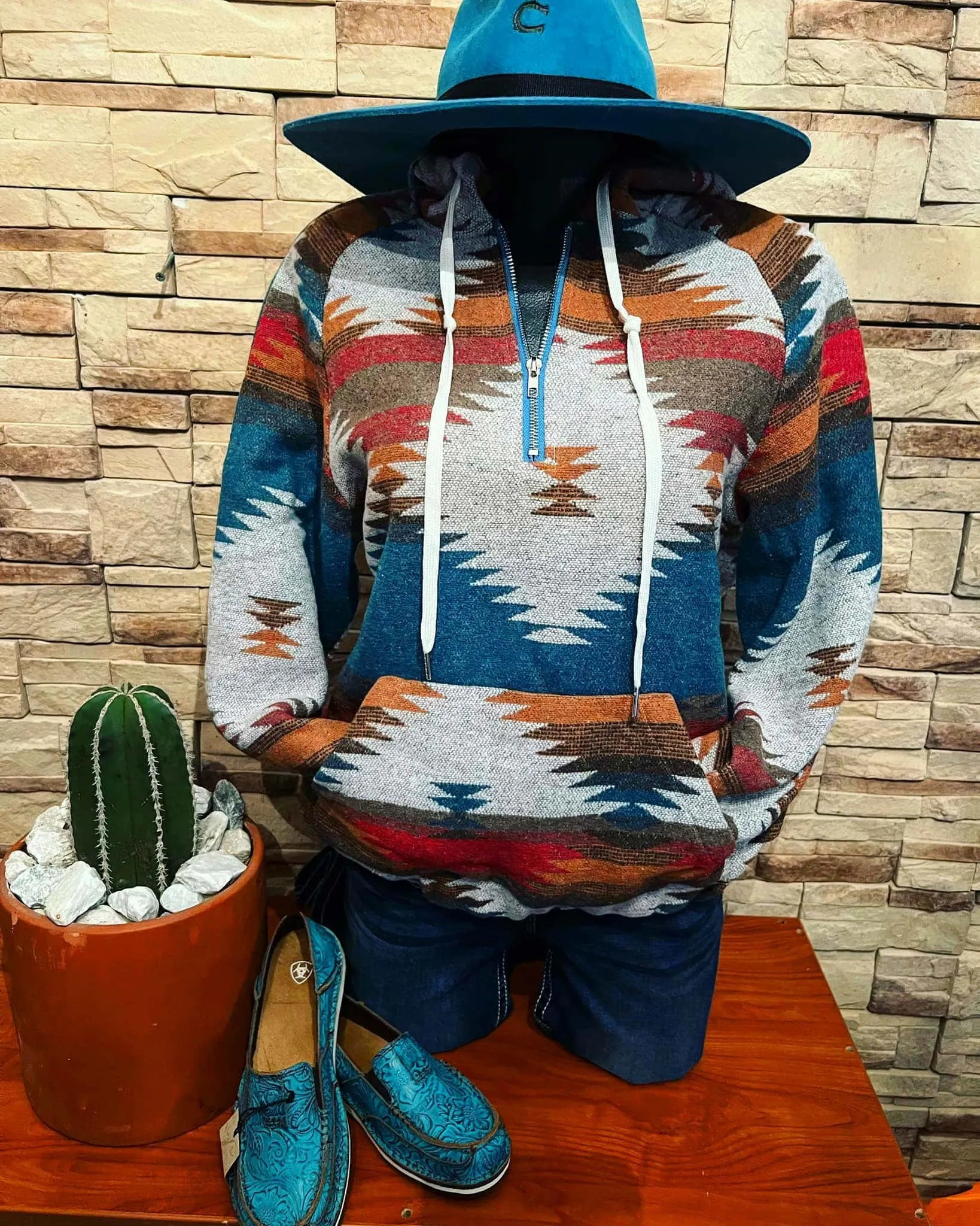 Aztec print pullover zipper hoodie sweatshirt