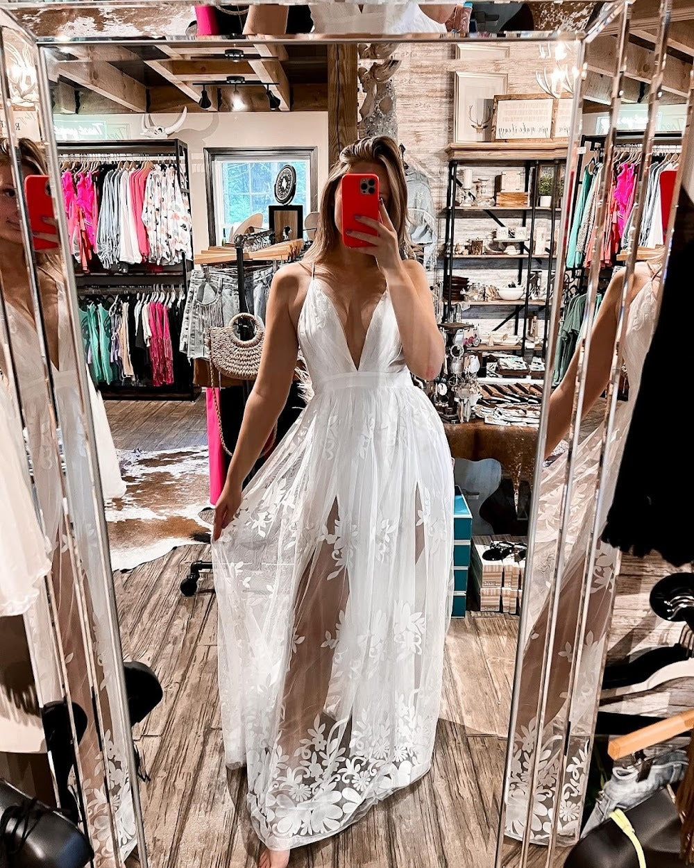 Beautiful White V-Neck Floral Pattern Maxi Dress