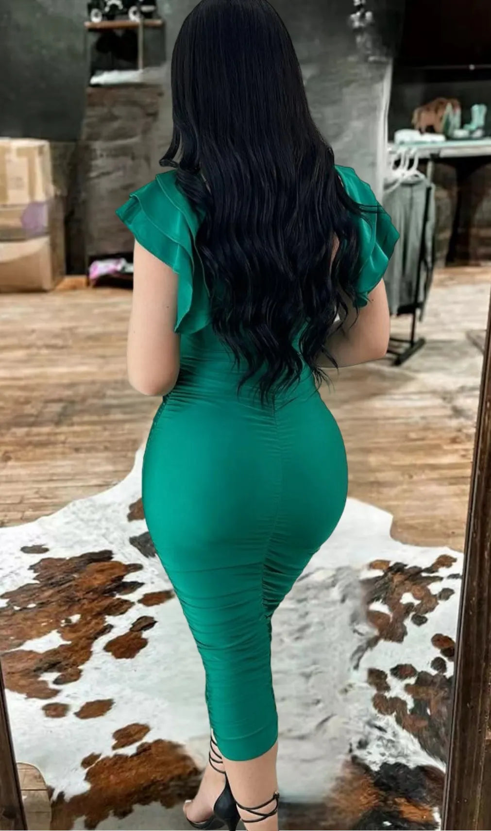 Ruffled Deep V-Neck Bodycon Midi Dress