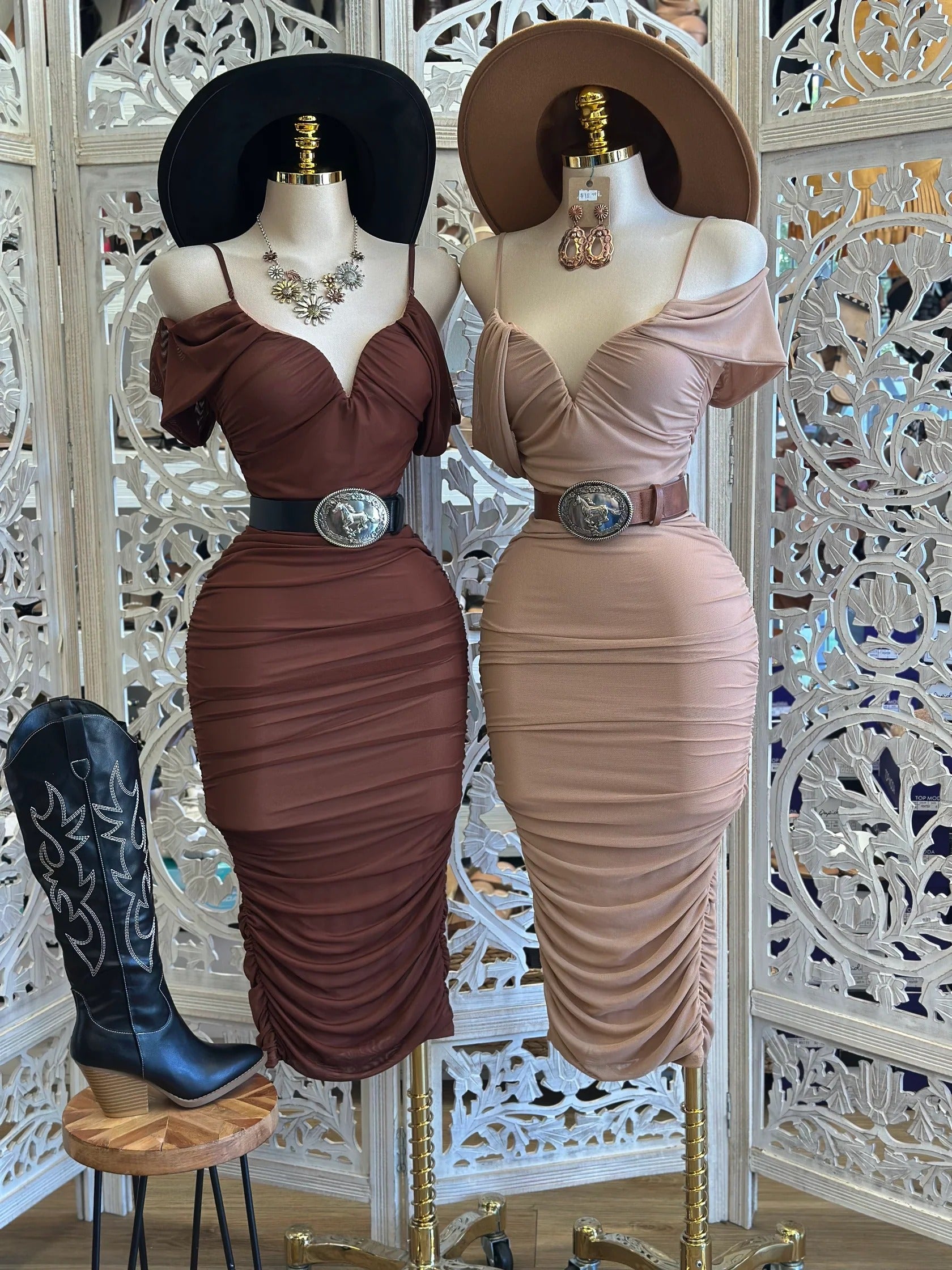 Western-Inspired Ruched Bodycon Midi Dress
