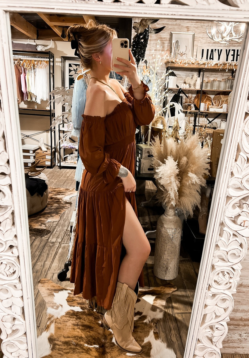 Ruffled Sleeves High Slit Off-the-shoulder Dress-Brown