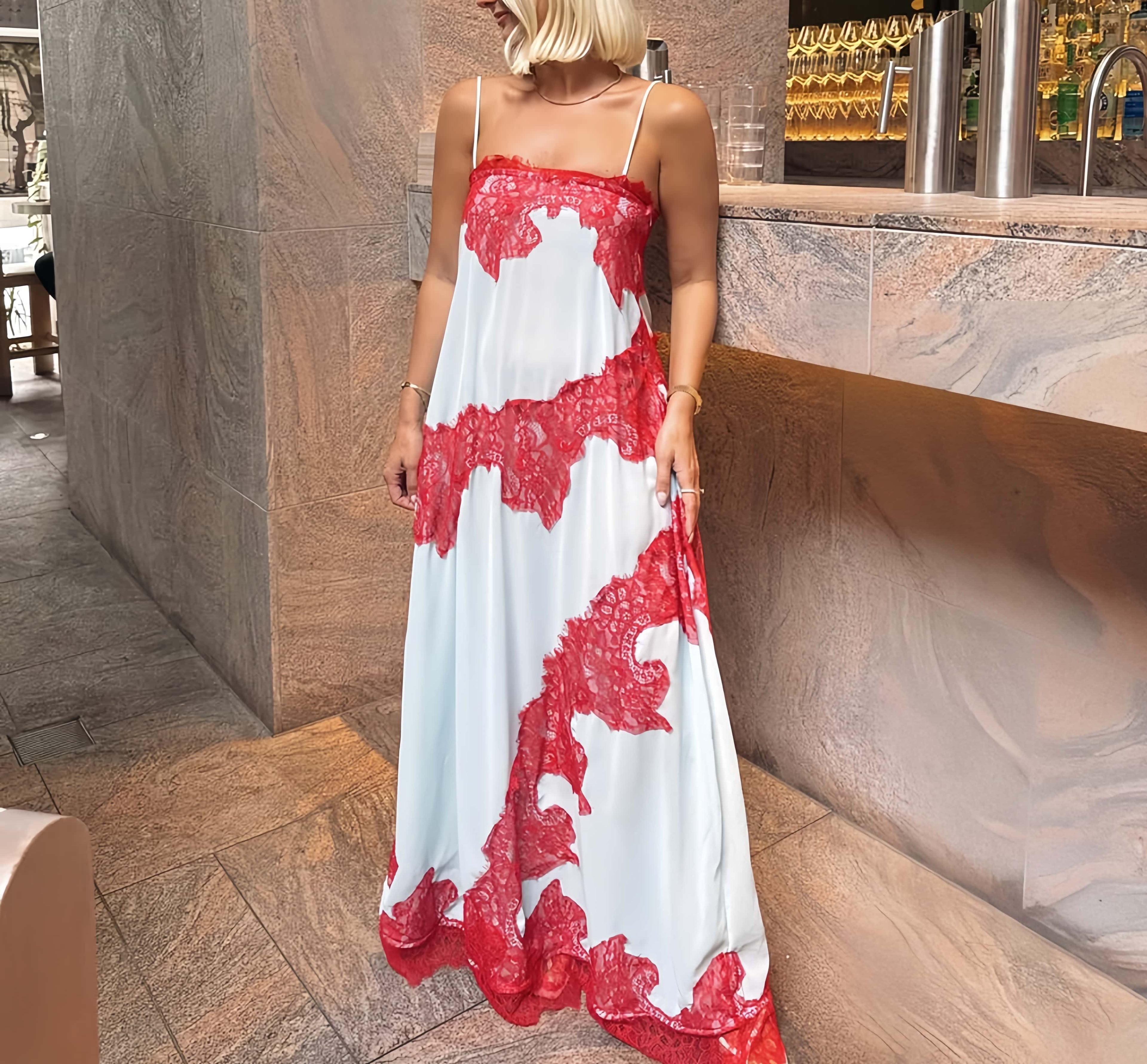 Dusty Blue Lace Print Spaghetti Strap Maxi Dress