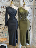 One Sleeve Knotted Midi Dress-Black &Olive