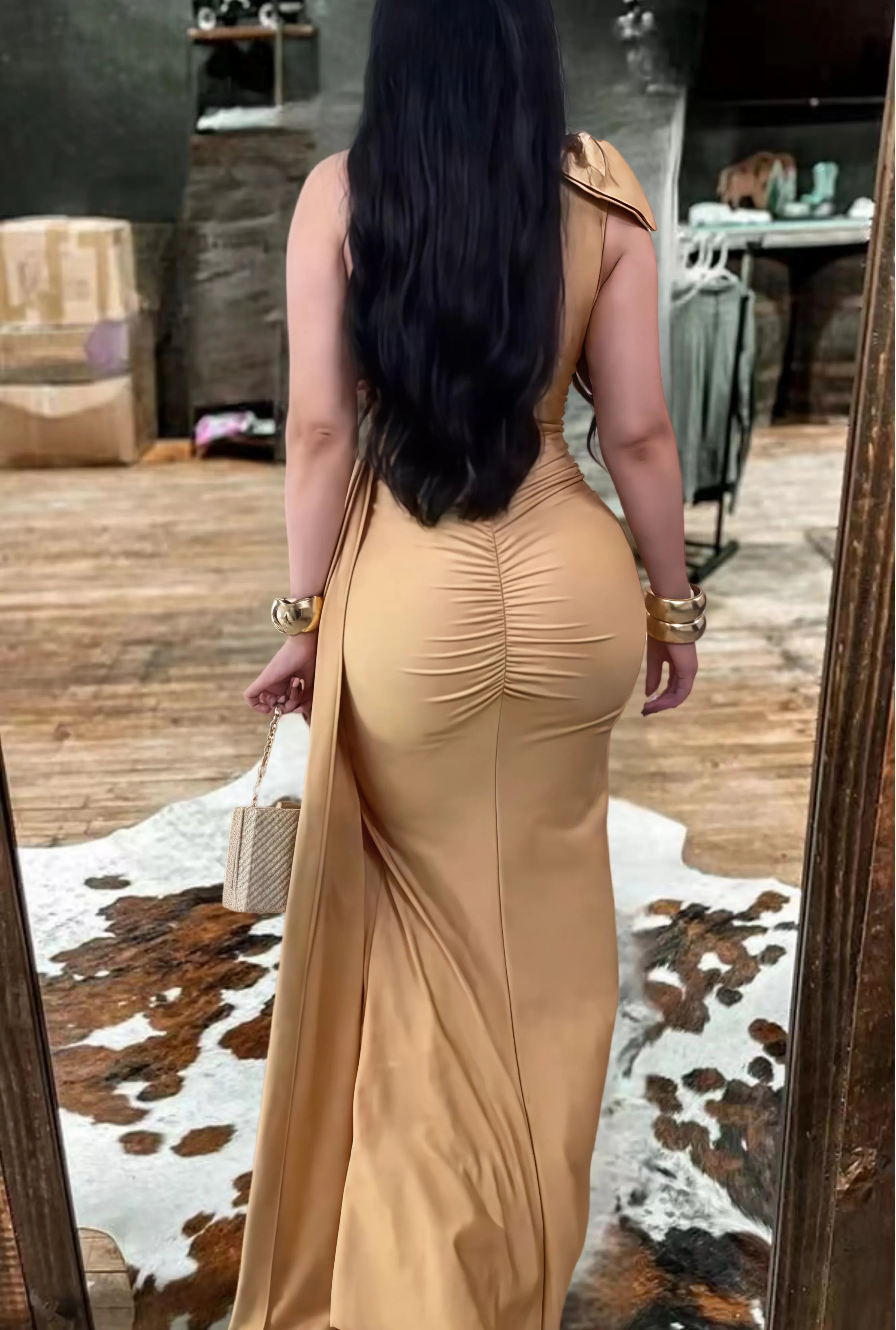 Beautiful   One-Shoulder   Ruched Maxi Dress