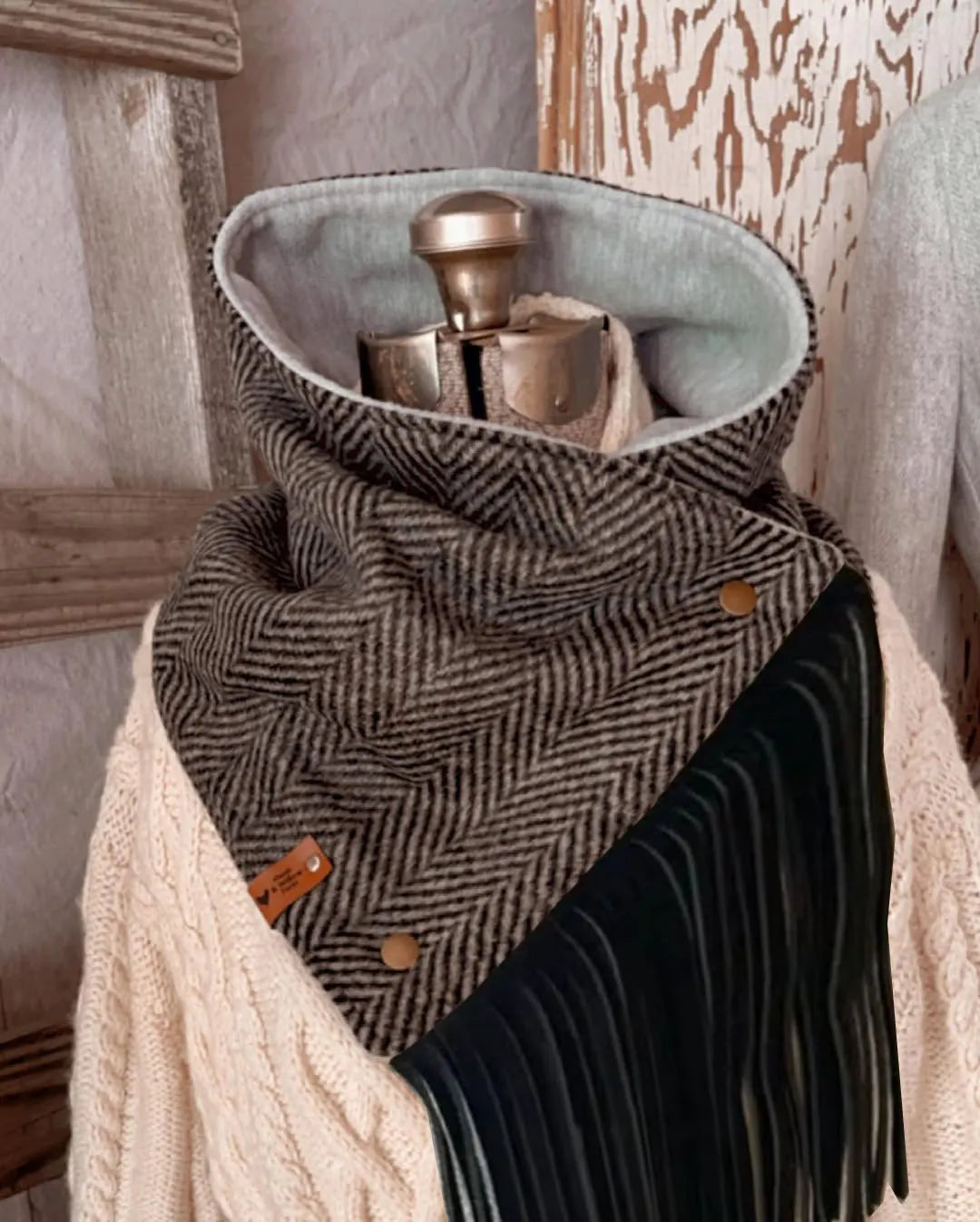 Western Fringed Scarf - Black Aztec Pattern