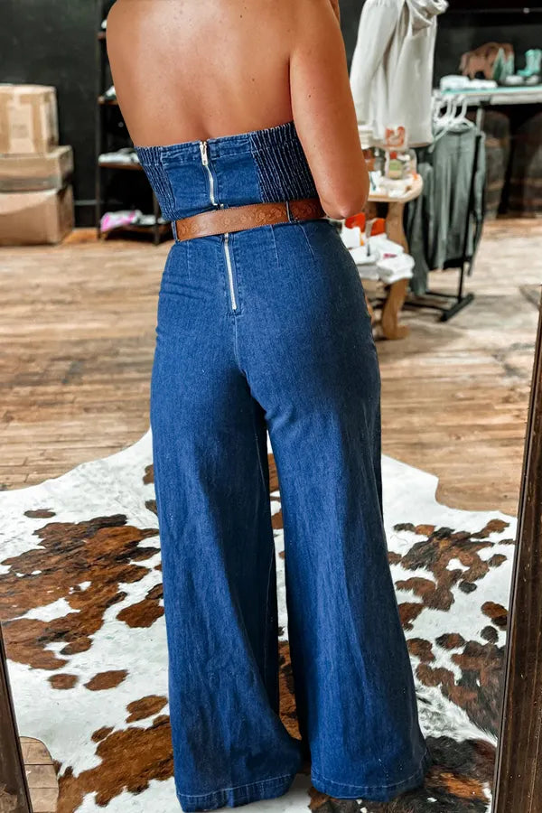 Retro Washed Tube Top Wide Leg Denim Jumpsuit