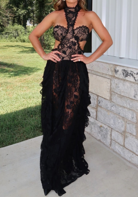 Western Chic Black Halter Lace Maxi Dress