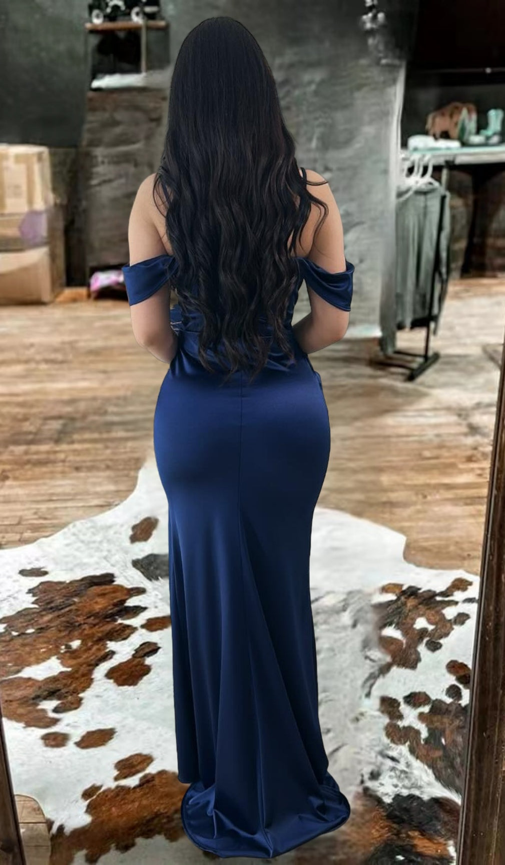 Satin Off-Shoulder Side Slit Bodycon Gown Maxi Dress