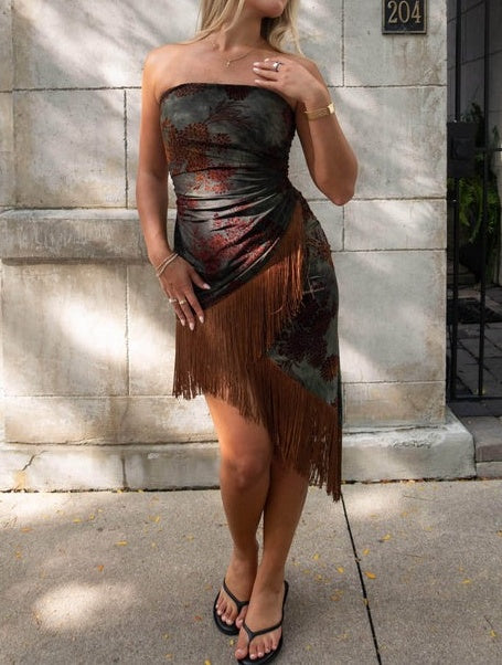 Elegant Asymmetrical Fringe Hemline Midi Dress