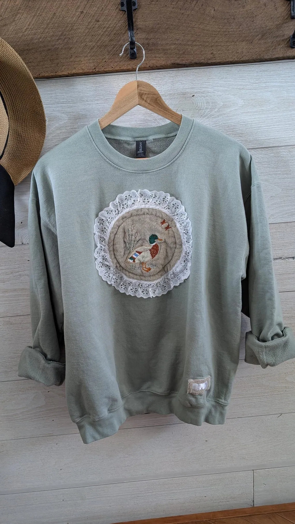 Lace EMBROIDERED Duck on Sage Crewneck