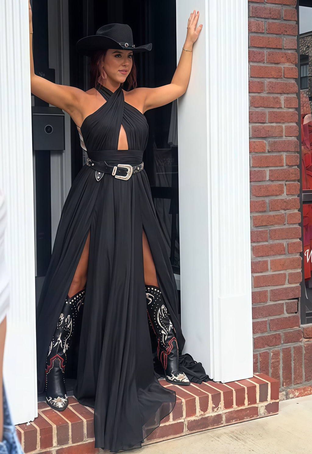Crisscross Halter High Slit Evening Gown
