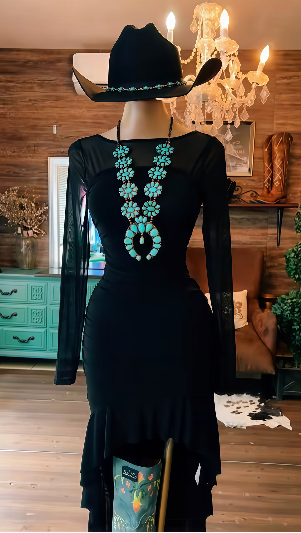 Western Black Ruffle Long Sleeve Slim Fit High-Low  Dress
