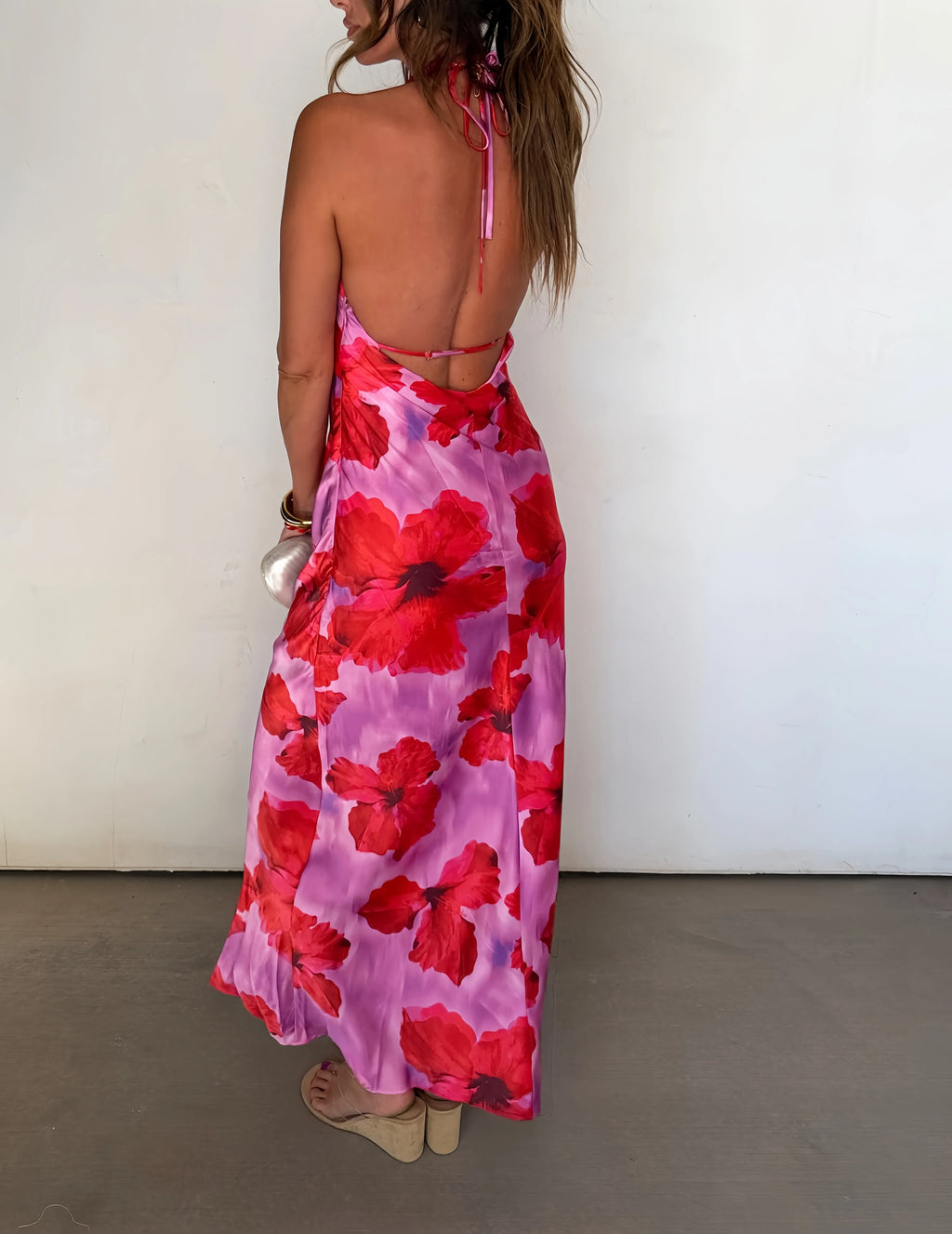 Rose Allure Satin Halter Maxi Dress