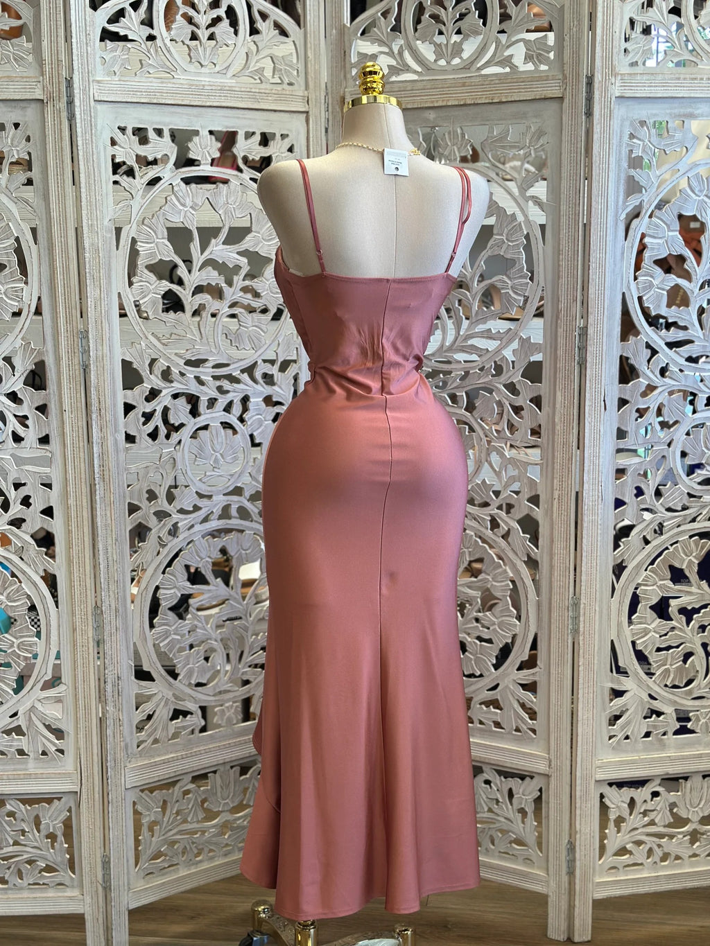 Ruffle Slit Cami Midi Dress -Pink & Brown &Burgundy