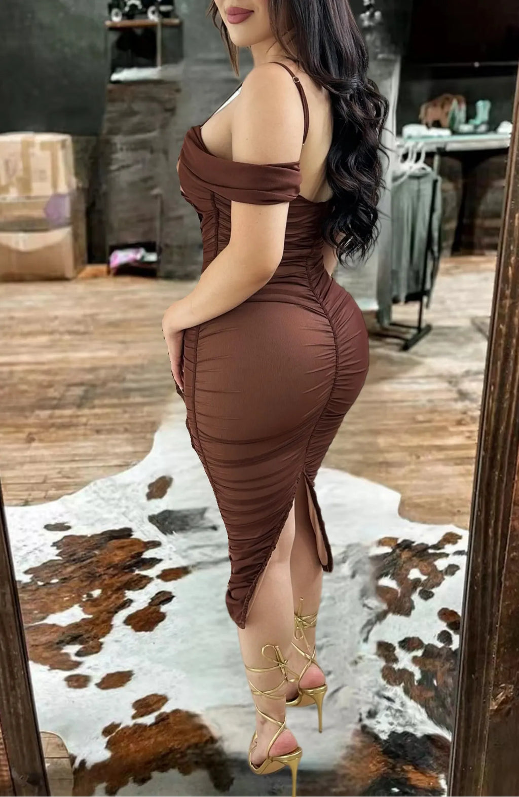 Western-Inspired Ruched Bodycon Midi Dress