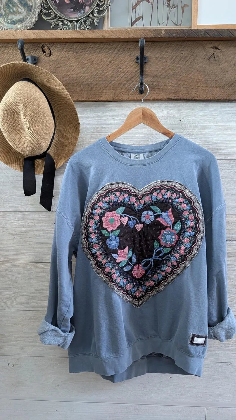 FULL HEART Print on Denim Blue Crewneck