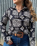 WesternBlack & White Aztec Quarter Zip -up-top