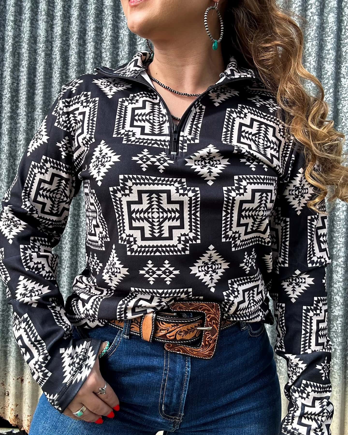 WesternBlack & White Aztec Quarter Zip -up-top