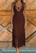 V-neck Slim-fit Solid Color Dress