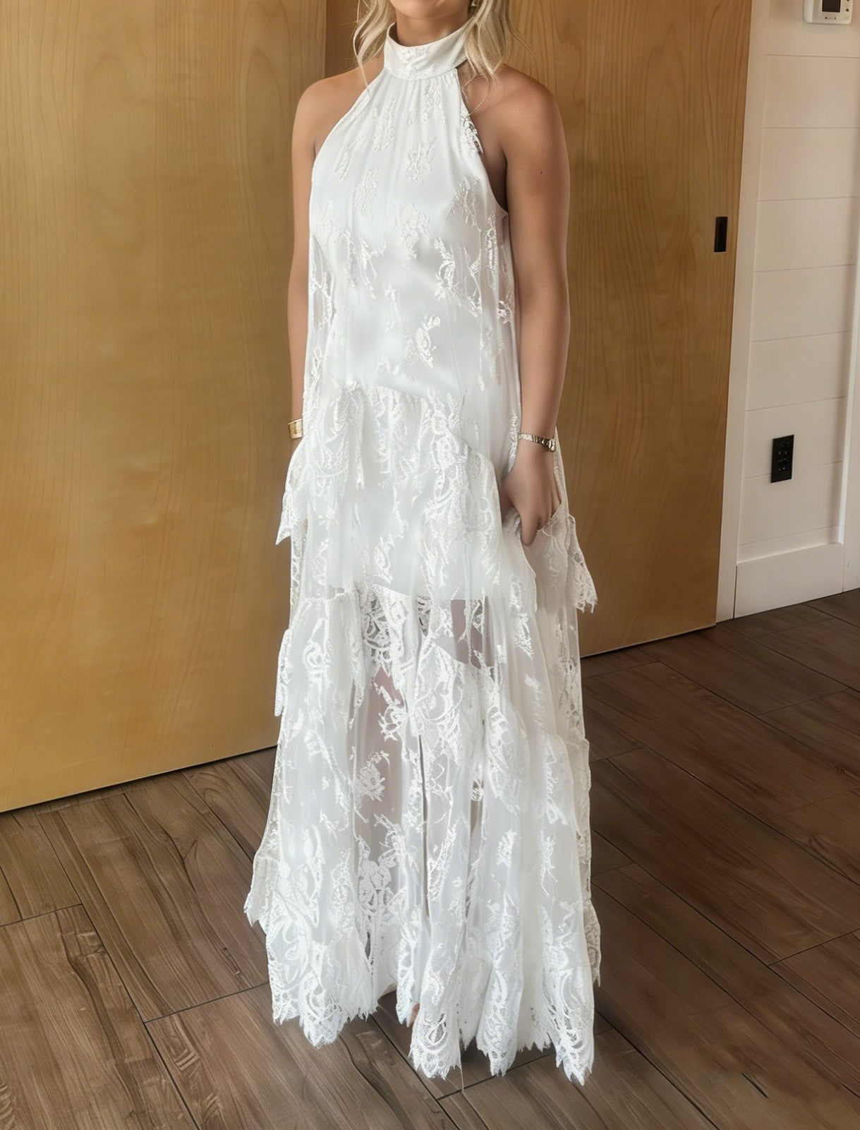 Lace Halter Ruffle Peekaboo Maxi Dress
