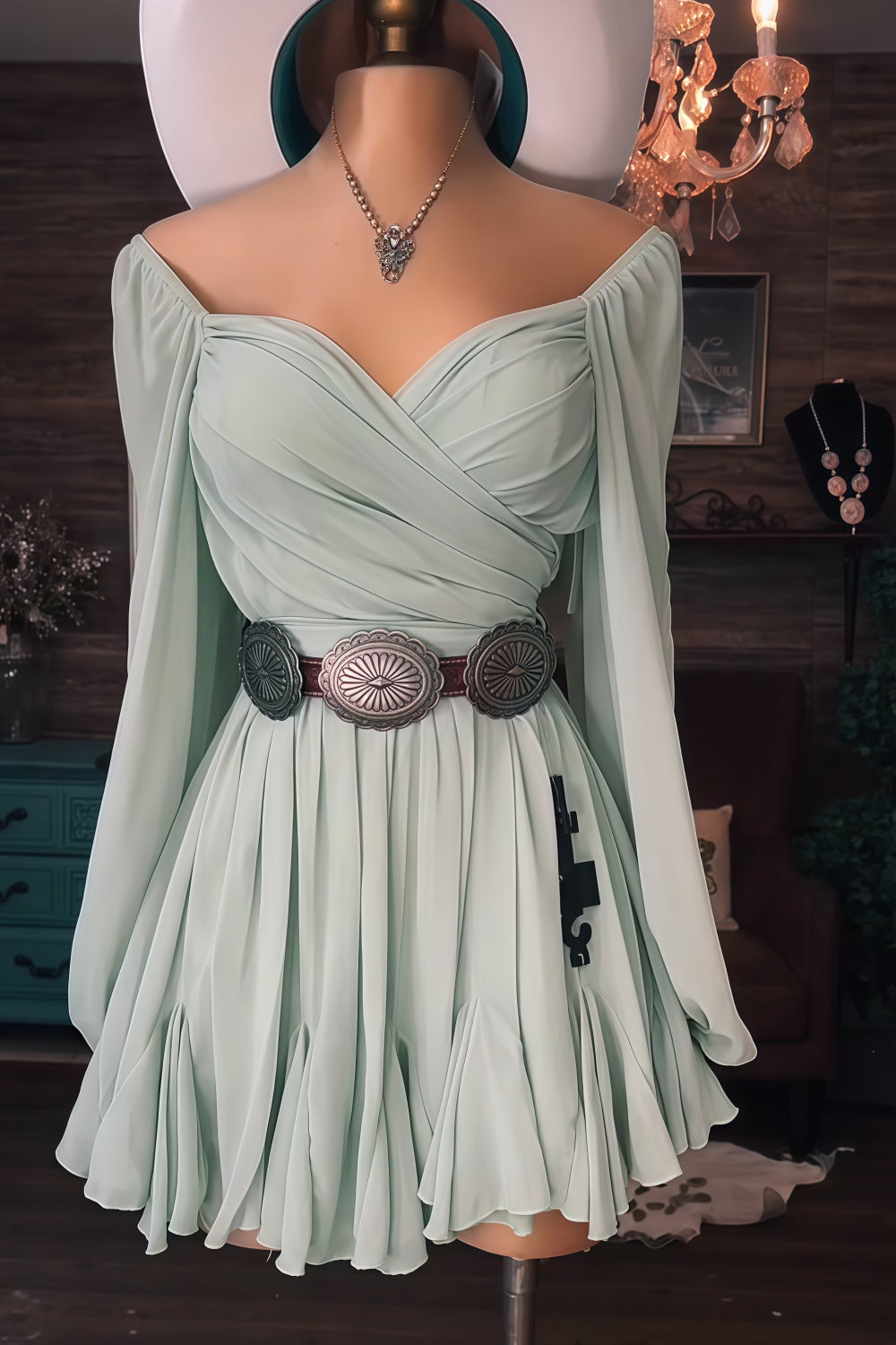 Women's vintage long sleeved pleated dress