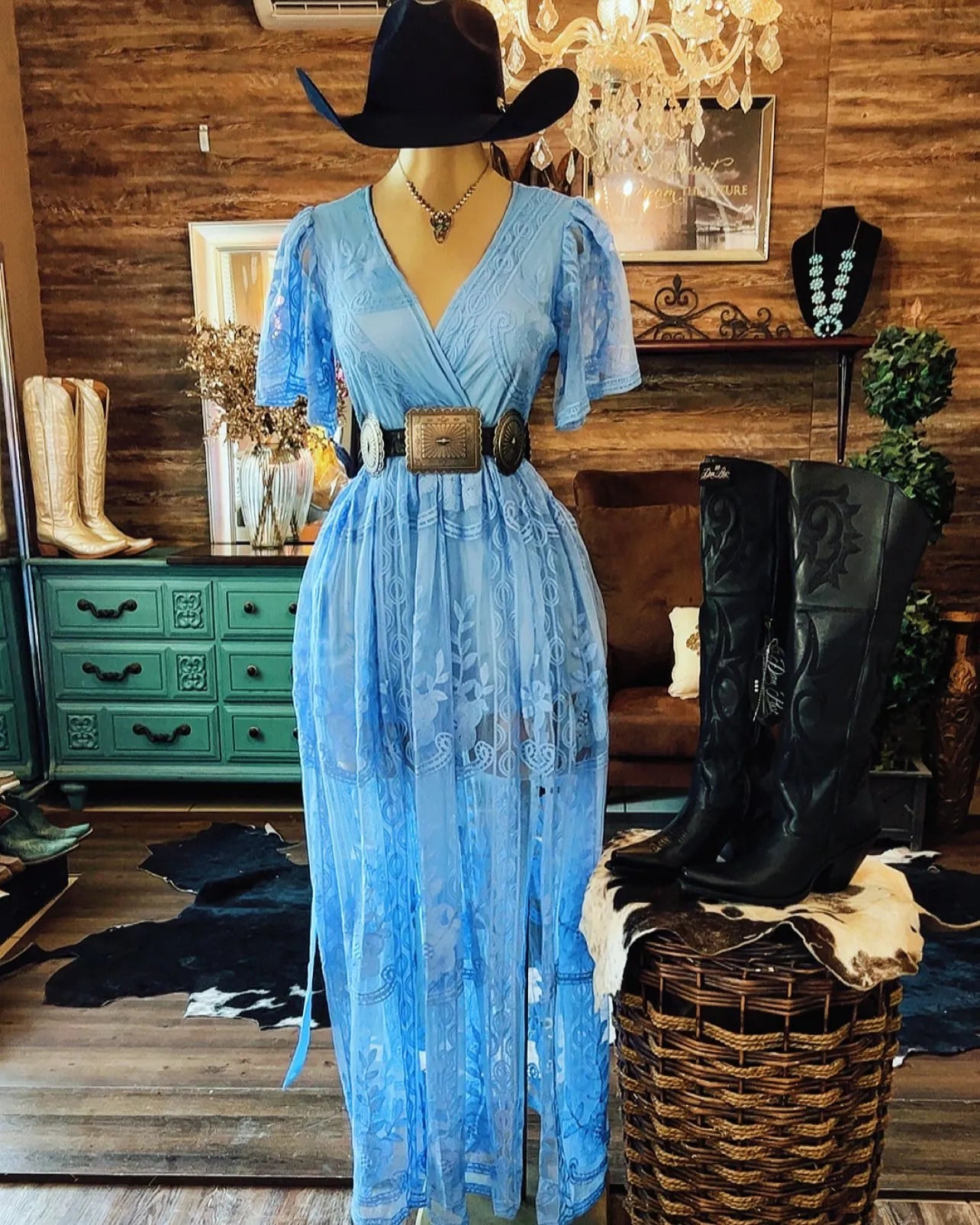 Boho Western Embroidered Mesh Maxi Dress