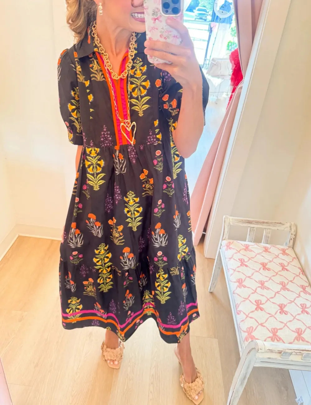 Black Floral Contrast Tiered Midi Dress