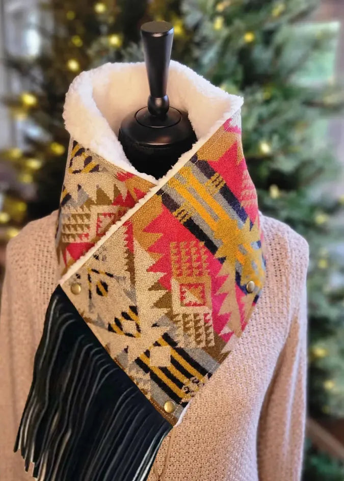 Women's Western Fringed Shawl - Color Block Aztec