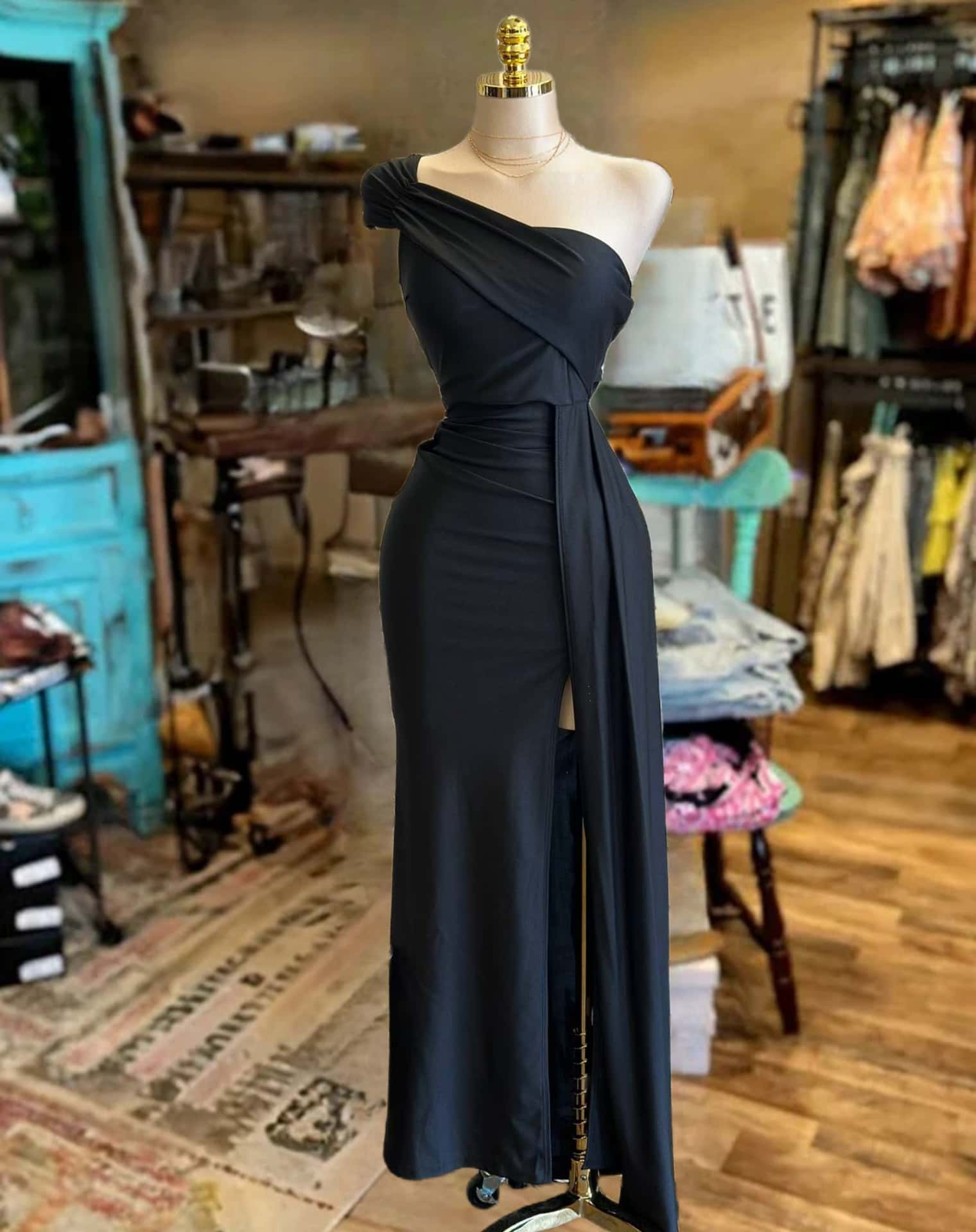 One Sleeve Draped Slit Dress