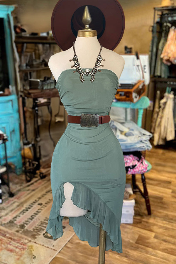 Strapless Hem Ruffled Mesh Dress