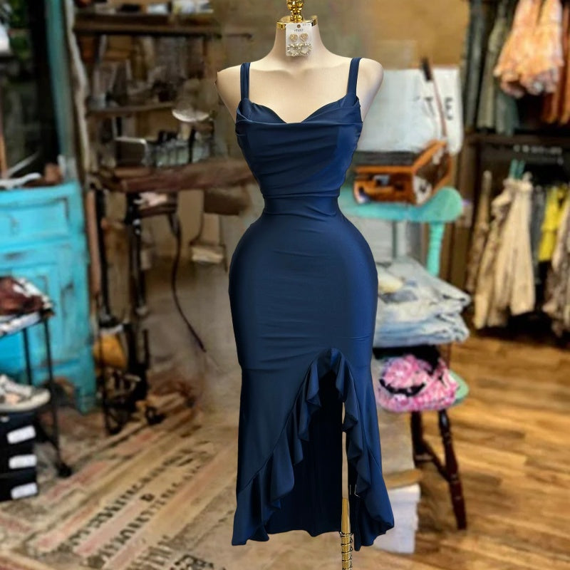 Thick Strap Heart Line Ruffle Dress -Olive Green & Dark Blue