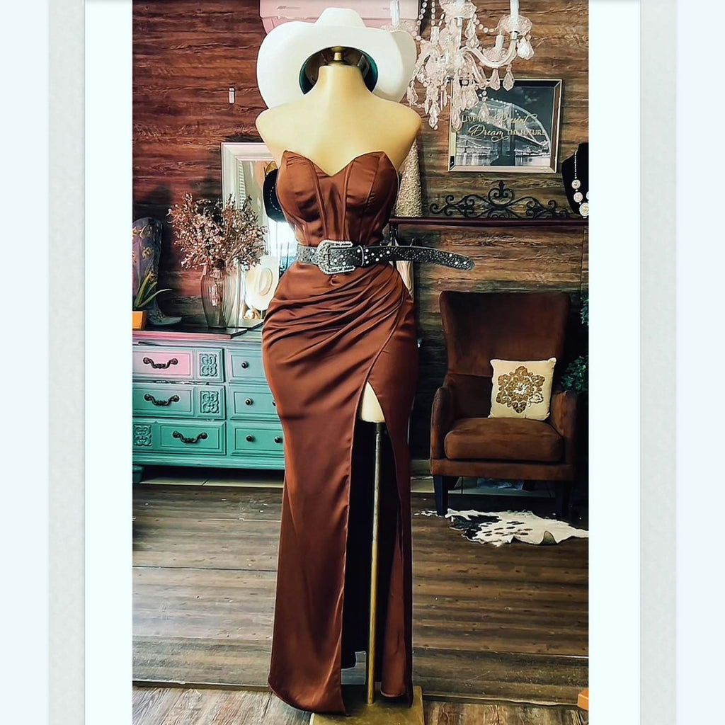 Brown Strapless Split Maxi Dress